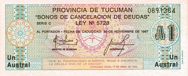 ARGENTINA – TUCUMÁN 1 Austral 1985 Pick S2703