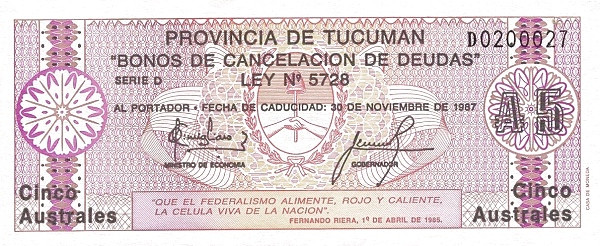 ARGENTINA – TUCUMÁN 5 Australes 1985 Pick S2704