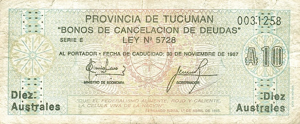ARGENTINA – TUCUMÁN 10 Australes 1985 Pick S2705 collectible banknote
