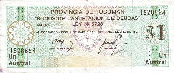 ARGENTINA – TUCUMÁN 1 Austral 1991 Pick S2711 collectible banknote