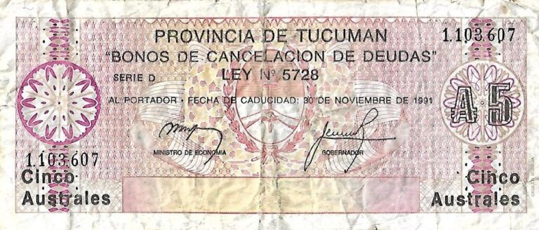 ARGENTINA – TUCUMÁN 5 Australes 1991 Pick S2712 collectible banknote