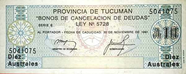 ARGENTINA – TUCUMÁN 10 Australes 1991 Pick S2713 collectible banknote