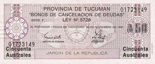 ARGENTINA – TUCUMÁN 50 Australes 1991 Pick S2714 collectible banknote