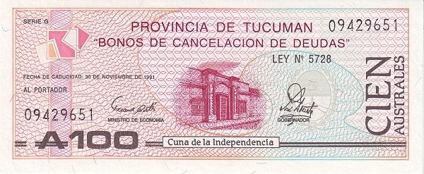 ARGENTINA – TUCUMÁN 100 Australes 1991 Pick S2715 collectible banknote