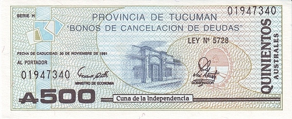ARGENTINA – TUCUMÁN 500 Australes 1991 Pick S2716 collectible banknote