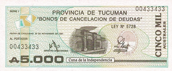 ARGENTINA – TUCUMÁN 5000 Australes 1991 Pick S2717 collectible banknote