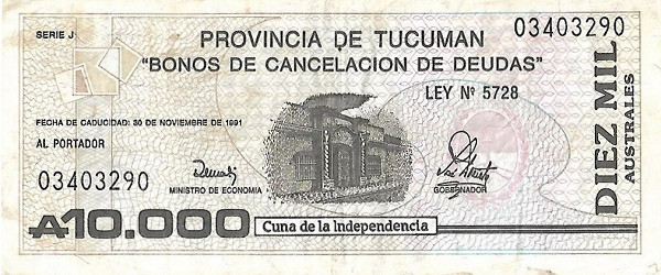 ARGENTINA – TUCUMÁN 10000 Australes 1991 Pick S2718 collectible banknote