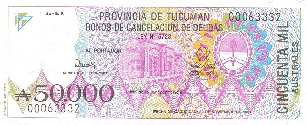 ARGENTINA – TUCUMÁN 50000 Australes 1991 Pick S2719 collectible banknote