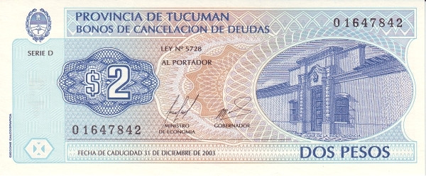 ARGENTINA – TUCUMÁN 2 Pesos 2003 Pick S2721 collectible banknote