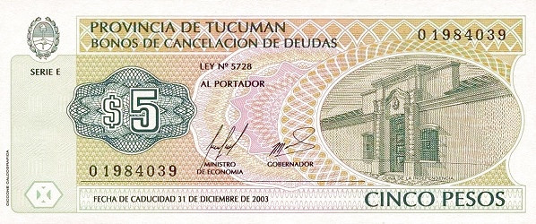 ARGENTINA – TUCUMÁN 5 Pesos 2003 Pick S2722 collectible banknote