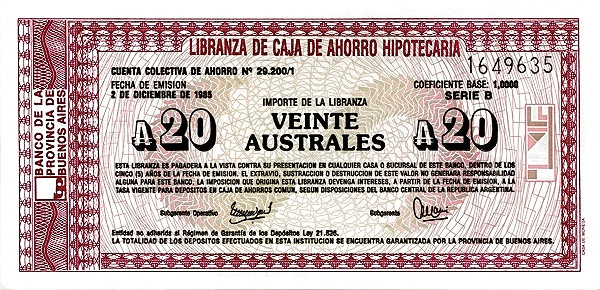ARGENTINA – BUENOS AIRES 20 Australes 1985 Pick SNL collectible banknote
