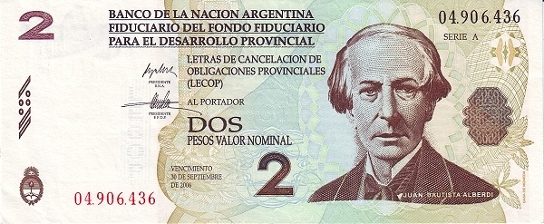 ARGENTINA – BANCO DE LA NACIÓN ARGENTINA 2 Pesos 2006 Pick SNL collectible banknote