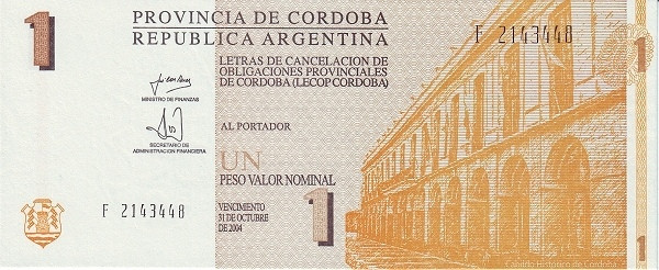 ARGENTINA – CÓRDOBA 1 Peso 2001 Pick SNL collectible banknote