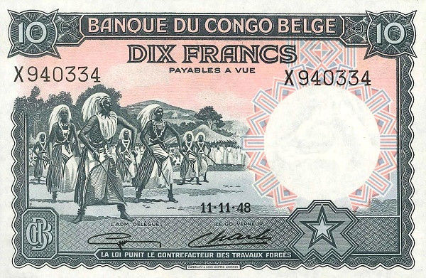 BELGIAN CONGO 10 Francs 1952 Pick 14E