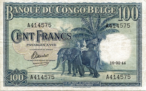BELGIAN CONGO 100 Francs 1951 Pick 17 collectible banknote