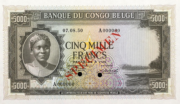 BELGIAN CONGO 5000 Francs 1950 Pick 19A collectible banknote