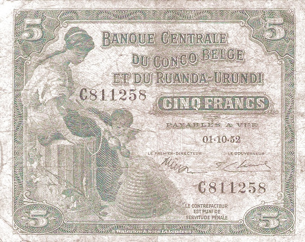 BELGIAN CONGO 5 Francs 1952 Pick 21 collectible banknote