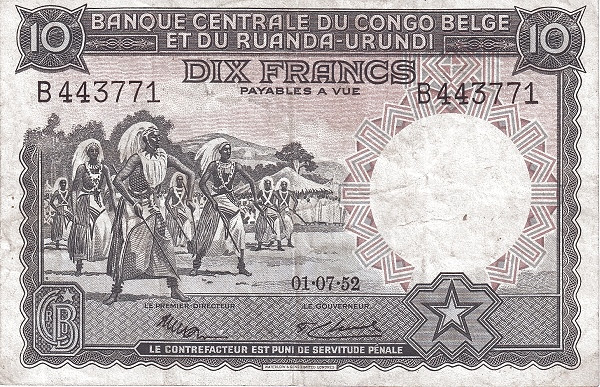 BELGIAN CONGO 10 Francs 1952 Pick 22 collectible banknote