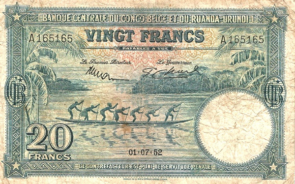 BELGIAN CONGO 20 Francs 1952 Pick 23 collectible banknote