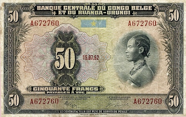 BELGIAN CONGO 50 Francs 1952 Pick 24 collectible banknote