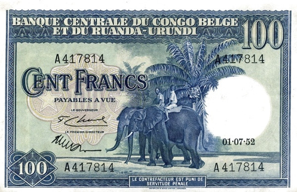 BELGIAN CONGO 100 Francs 1952 Pick 25 collectible banknote