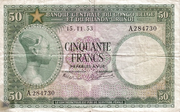 BELGIAN CONGO 50 Francs 1953 Pick 27 collectible banknote