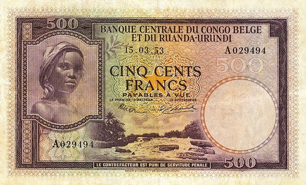 BELGIAN CONGO 500 Francs 1953 Pick 28 collectible banknote