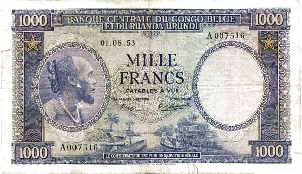 BELGIAN CONGO 1000 Francs 1953 Pick 29 collectible banknote