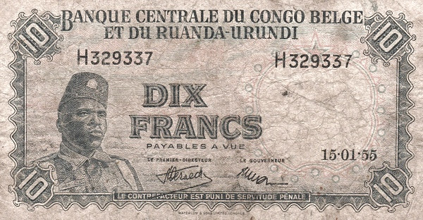 BELGIAN CONGO 10 Francs 1955 Pick 30 collectible banknote