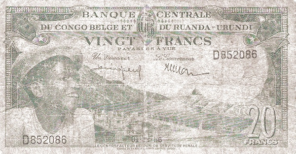 BELGIAN CONGO 20 Francs 1956 Pick 31 collectible banknote
