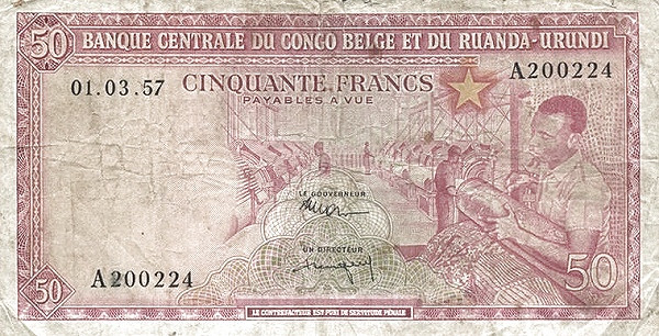 BELGIAN CONGO 50 Francs 1957 Pick 32 collectible banknote