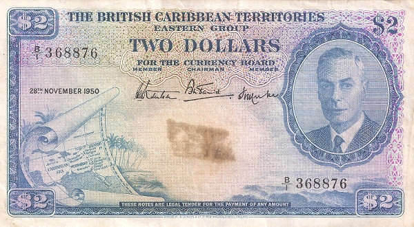 BRITISH CARIBBEAN TERRITORIES 2 Dollars 1950 Pick 2 collectible banknote