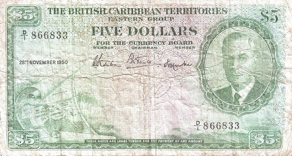 BRITISH CARIBBEAN TERRITORIES 5 Dollars 1950 Pick 3 collectible banknote