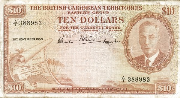 BRITISH CARIBBEAN TERRITORIES 10 Dollars 1950 Pick 4 collectible banknote