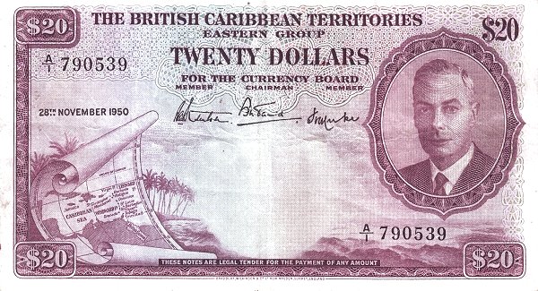 BRITISH CARIBBEAN TERRITORIES 20 Dollars 1950 Pick 5 collectible banknote
