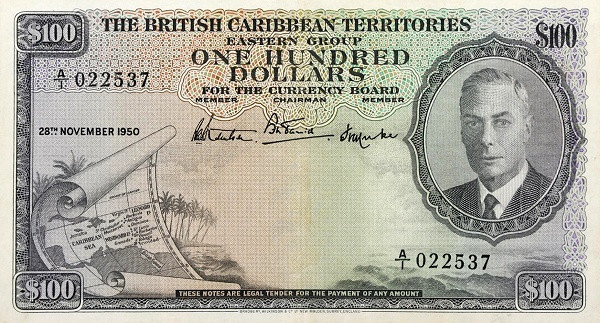 BRITISH CARIBBEAN TERRITORIES 100 Dollars 1950 Pick 6 collectible banknote