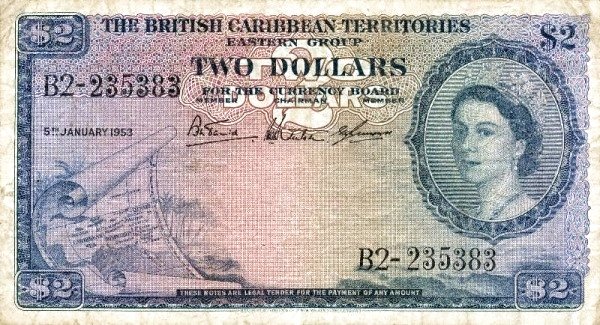 BRITISH CARIBBEAN TERRITORIES 2 Dollars 1953 Pick 8 collectible banknote