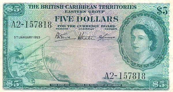 BRITISH CARIBBEAN TERRITORIES 5 Dollars 1953 Pick 9 collectible banknote