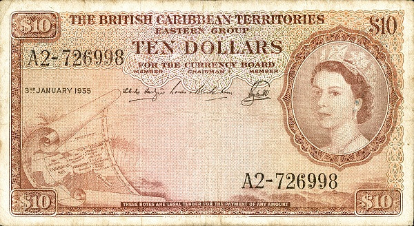 BRITISH CARIBBEAN TERRITORIES 10 Dollars 1953 Pick 10