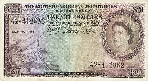 BRITISH CARIBBEAN TERRITORIES 20 Dollars 1953 Pick 11