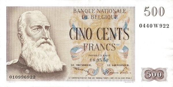 BELGIUM 500 Francs 1952 Pick 130