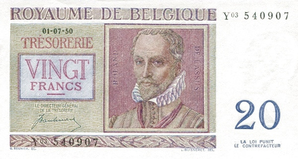 BELGIUM 20 Francs 1950 Pick 132 collectible banknote