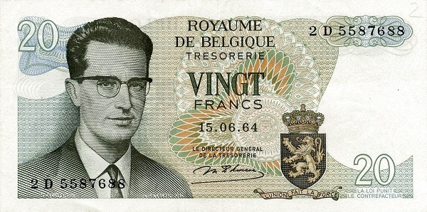 BELGIUM 20 Francs 1964 Pick 138 collectible banknote