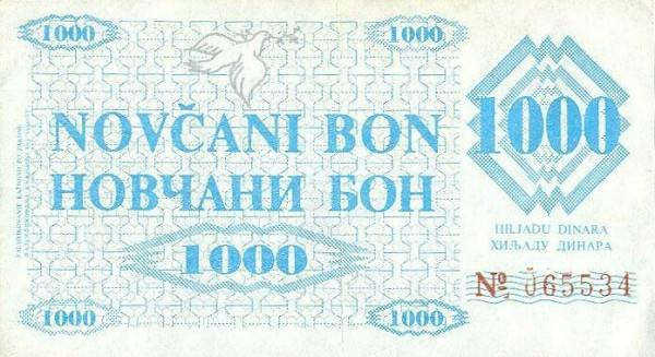 BOSNIA & HERZEGOVINA 1000 Dinara 1992 Pick 8 collectible banknote