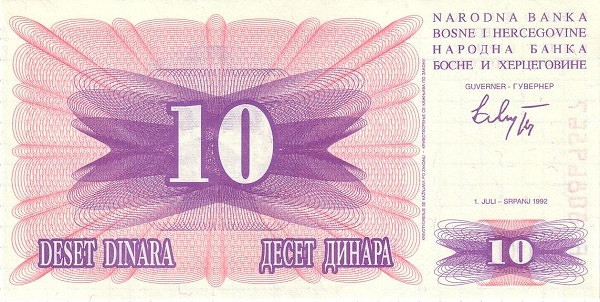 BOSNIA & HERZEGOVINA 10 Dinara 1992 Pick 10