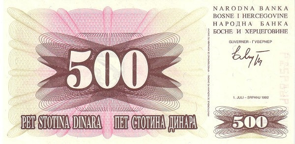BOSNIA & HERZEGOVINA 500 Dinara 1992 Pick 14 collectible banknote