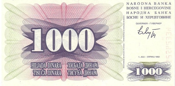 BOSNIA & HERZEGOVINA 1000 Dinara 1992 Pick 15 collectible banknote