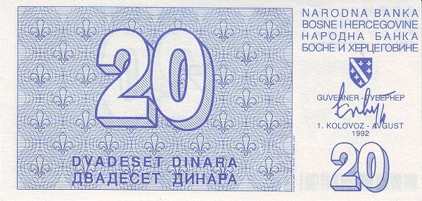 BOSNIA & HERZEGOVINA 20 Dinara 1992 Pick 22 collectible banknote