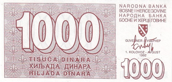 BOSNIA & HERZEGOVINA 1000 Dinara 1992 Pick 26 collectible banknote
