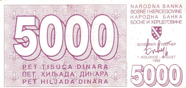 BOSNIA & HERZEGOVINA 5000 Dinara 1992 Pick 27 collectible banknote